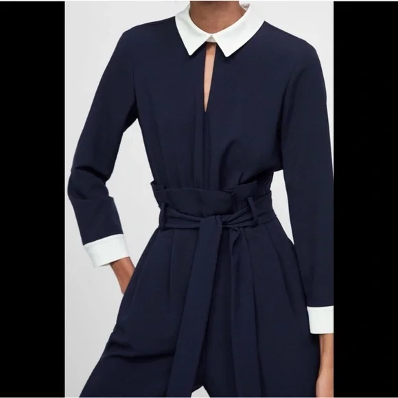 NEW Zara Woman navy wide leg belted jumpsuit - Picture 2 of 11